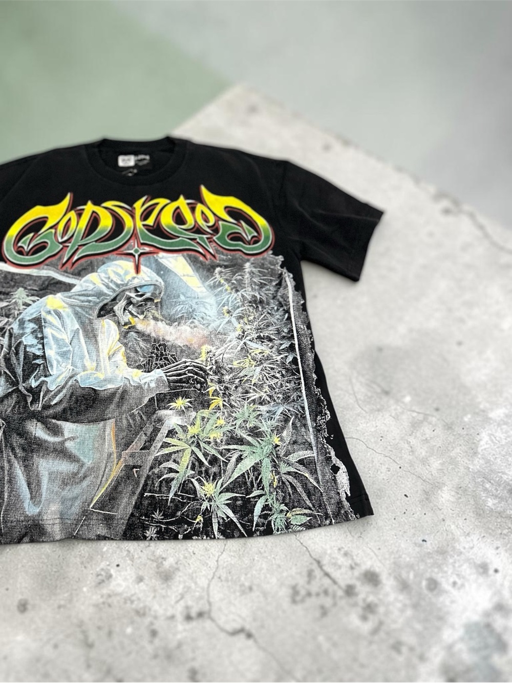 Black Graphic Crewneck T-Shirt with Bold Yellow-Green Logo